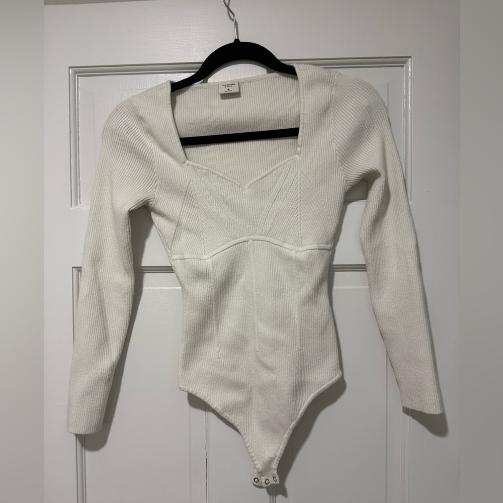 Abercrombie & Fitch Cream Ribbed Long-Sleeve Bodysuit